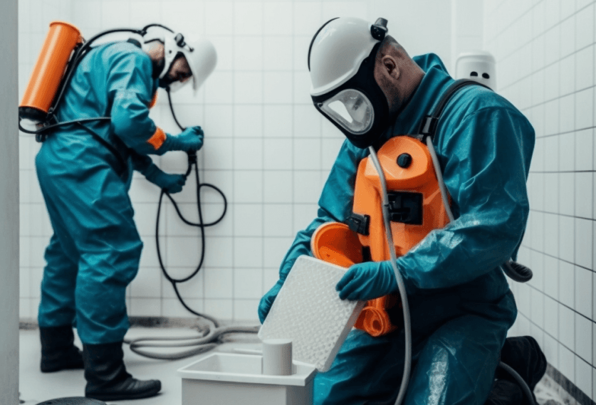 Expert technicians cleaning sewage in PPE gear