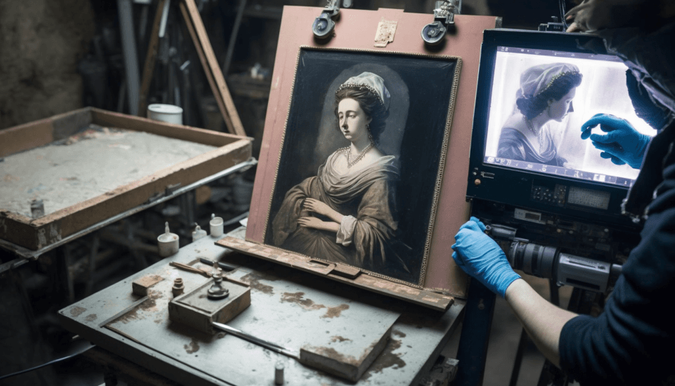 a painting or photograph being restored by experts with 76c5981c-8ded-4672-88c5-86fe999842b5