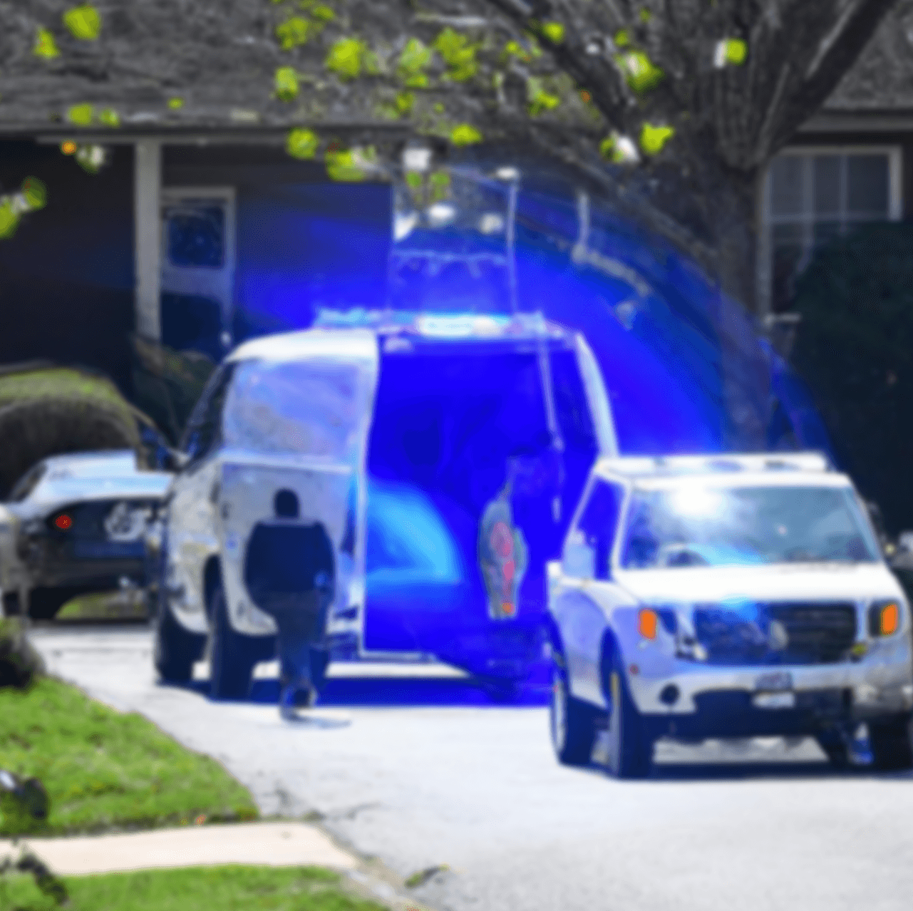 team of technicians arriving at a property in response to an emergency water damage call, with flashing lights, blue van and equipment visible.png