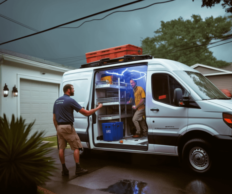 van in driveway extraction equipment during a storm