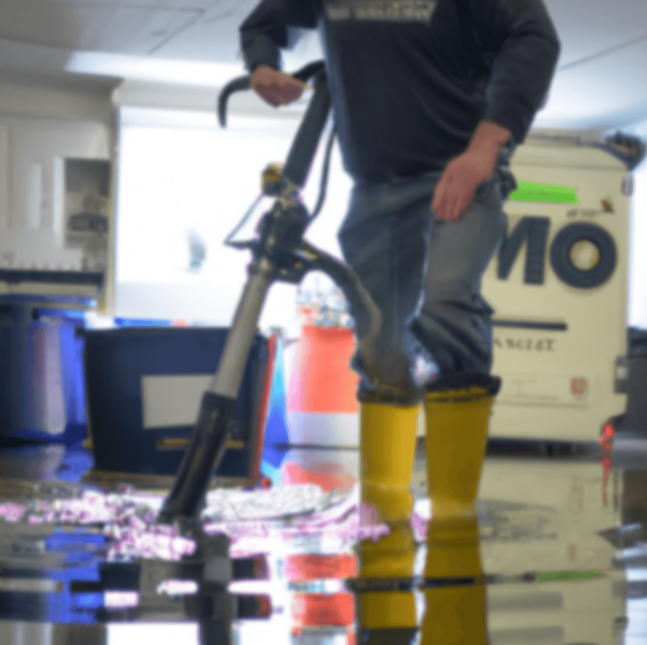 An image of a technician using water extraction equipment in a flooded room, with the company logo displayed prominently in the background..png