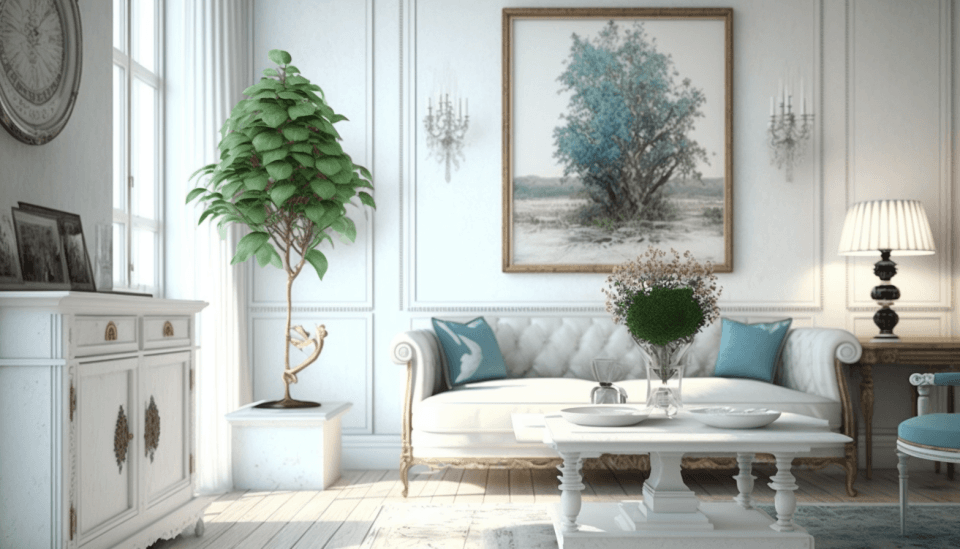 white living room with restored antique furniture artwork