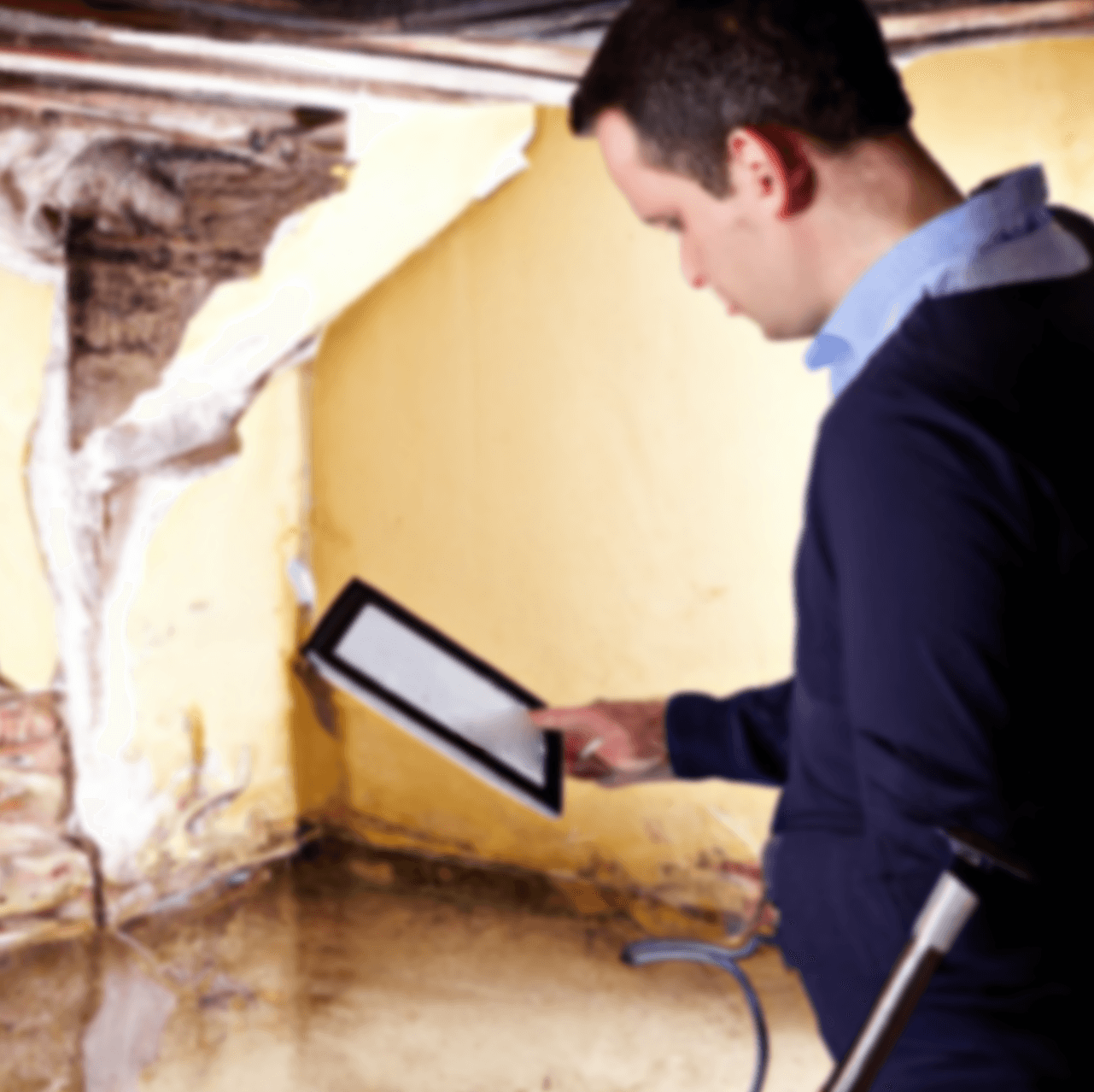 technician examining a water damaged area of a building and creating a tailored restoration plan using digital tools.png