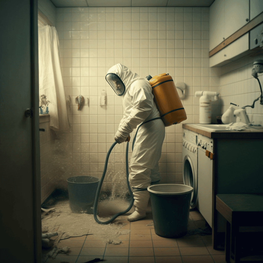 Technician With White PPE Gear in Bathroom